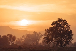 Shan State Prints: Sunset over Paddy fields near Hsipaw, Shan State, Myanmar (Burma), Asia