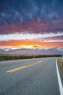 Road Markings Prints: Sunset in the Queenstown Lakes Region, Otago, South Island, New Zealand, Pacific