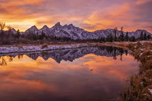 Snowcapped Prints: Sunset and reflection of Teton Range in Snake River at Schwabachers Landing