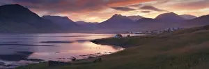 Austurland Prints: Sunset on Reydarfjordur town, in the East Fjords region (Austurland), Iceland