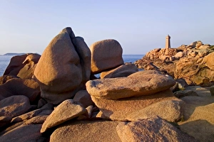 Cotes Darmor Prints: Sunset over rocks and lighthouse at Pars-Kamor, Ploumanach, Breton Corniche