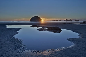 Bandon Beach Prints: Sunset by a sea stack over a pool on the beach
