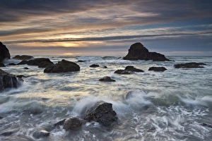 State Park Prints: Sunset over sea stacks and surf