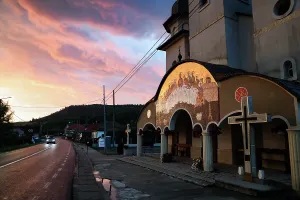 Romania Prints: Sunset shines on orthodox church with mosaic in Romania