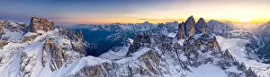 Sunset on the snow capped Tre Cime Di Lavaredo, Monte Paterno and Croda Dei Toni