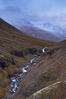 Images Dated 18th October 2008: Sunset on snowy mountains in Reydarfjordur fjord, East Fjords, Iceland, Polar Regions
