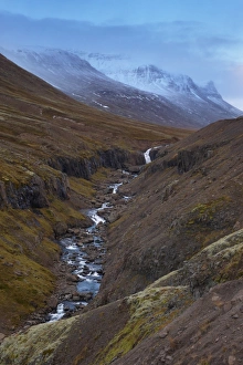 Images Dated 18th October 2008: Sunset on snowy mountains in Reydarfjordur fjord, East Fjords, Iceland, Polar Regions
