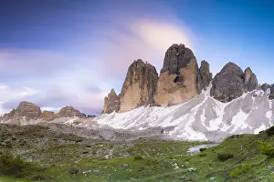 Mountain Ranges Prints: Sunset over Tre Cime di Lavaredo, Monte Paterno and Grava Longa lakes in summer