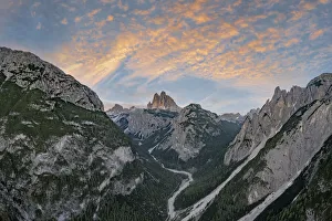 Bolzano Province Prints: Sunset over Tre Cime di Lavaredo and woods, aerial view, Sesto (Sexten) Dolomites