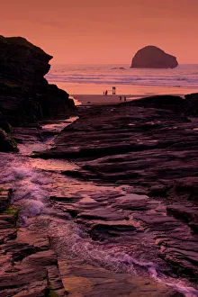 Pink Prints: Sunset, Trebarwith Strand, Cornwall, England, United Kingdom, Europe