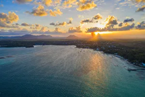 Sunbeam Prints: Sunset over Trou d Eau Douce bay, aerial view, Flacq district, East coast, Mauritius