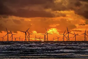 Wind Power Prints: Sunset view over the Irish Sea towards the distant Walney Offshore wind farm