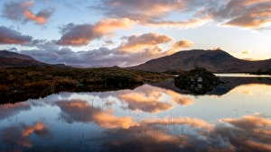 Sunrise And Sunset Prints: Sunset view across Lochain na h achlaise at dawn, Rannoch Moor, Highland, Scotland