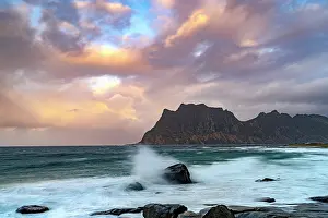 Norwegian Prints: Sunset view over the Norwegian Sea with rocky shore at Uttakleiv in Lofoten Islands