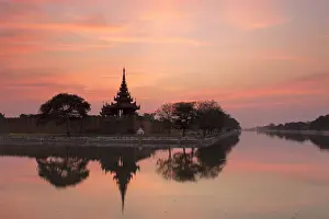 Mandalay Prints: Sunset view of the Royal Palace, City Moat and City Wall in Mandalay, Myanmar (Burma)