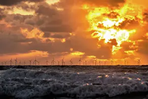 Wind Power Prints: Sunset view from Walney Island across the Irish Sea towards the distant Walney Offshore Wind Farm