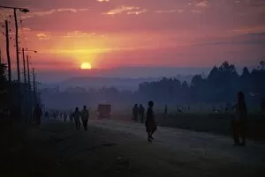 Sunset over village street, Mizanteferi, Ethiopia, Africa