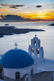 Fira Prints: Sunset over the volcanic island of Santorini and Anastasi Orthodox Church at sunset, Fira