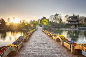 Suocui Bridge and Moon Embracing Pagoda at Lijiangs Heilongtan / Black Dragon Pool