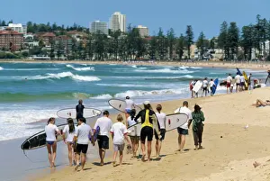 Young Men Prints: A surf class on Manly beach, the northern ocean suburb of Sydney, New South Wales