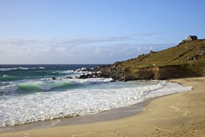 Porthmeor Prints: Surf in sea off Porthmeor beach in evening sun, St. Nicholas chapel on the island, St