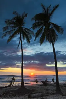 Nicoya Peninsula Prints: Surfer and palm trees at sunset on Playa Guiones surf beach at sunset