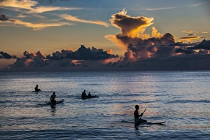 Five People Prints: Surfer at sunset in Guam, US Territory, Central Pacific, Pacific