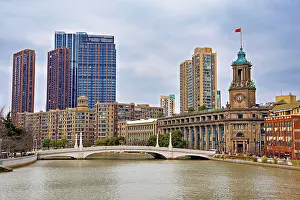 Skyscrapers Prints: Suzhou Creek with the Shanghai Postal Museum (built in the 1920s) on the right