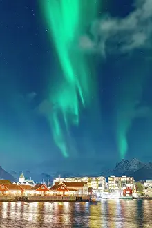 Svolvaer Prints: Svolvaer displays the Northern Lights at night in Vagan, Nordland, Lofoten Islands, Norway