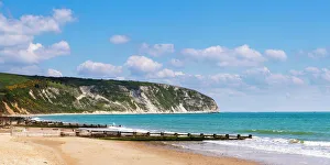Swanage Beach and white cliffs, Dorset, Jurassic Coast, England, United Kingdom, Europe