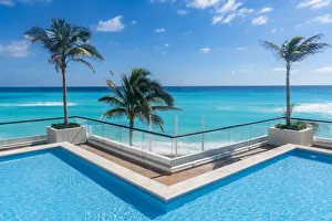 Swimming Pools Prints: Swimming pool over the turquoise waters of Cancun, Quintana Roo, Mexico, North America