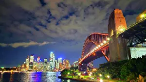 Skyscrapers Prints: Sydney Harbour skyline at sunset, Sydney, Australia
