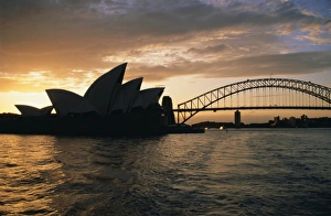 Sydney Opera House and Harbour Bridge in the evening, Sydney, New South Wales, Australia