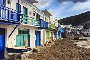 Woodwork Prints: Syrmata, traditional fishermens encampments with brightly painted woodwork, fishing