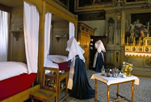 Tableau shows work of the nursing Sisters, Hotel Dieu, Beaune, Burgundy, France, Europe