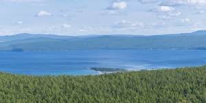 Mongolian Prints: Taiga and Hovsgol Lake seen from above, Hovsgol province, Mongolia, Central Asia, Asia
