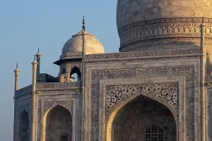 Iconic Prints: Detail of Taj Mahal structure at sunrise with clear sky in Agra, Uttar Pradesh, India