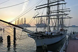Texas Prints: Tall ship Elissa, 1877, three-masted barque moored in port of Galveston at sunset