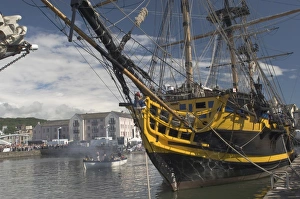 Ship Prints: Tall ship Grand Turk, moored in inner harbour, with long boat in attendance, Whitehaven