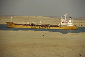 Shipping Prints: Tanker passing through Suez Canal with desert on either side, Egypt, North Africa, Africa
