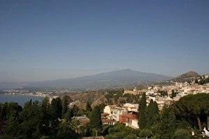 Mount Etna Prints: Taormina bay with Mt. Etna in distance, Sicily, Italy, Mediterranean, Europe