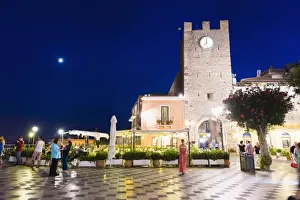 Taormina Prints: Taormina at night, the clock tower in Piazza IX Aprile on Corso Umberto