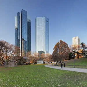 Hesse Prints: Taunusanlage Park with Deutsche Bank and Opernturm skyscraper, Frankfurt, Hesse, Germany