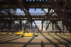 Taxi crossing Wells Street Bridge, Chicago, Illinois, United States of America