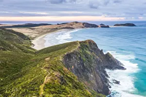 Coastal Path Prints: Te Werahi Beach at sunrise, with Te Paki Coastal Track path visible, Cape Reinga