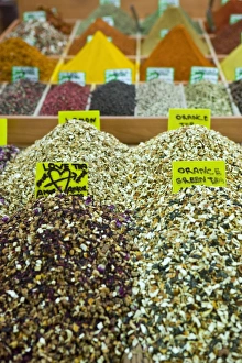 Turkish Culture Prints: Tea and spices for sale in Spice Bazaar, Istanbul, Turkey, Western Asia