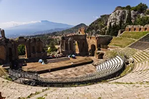 Teatro Greco Prints: Teatro Greco (Greek Theatre), view of the amphitheatre and Mount Etna Volcano
