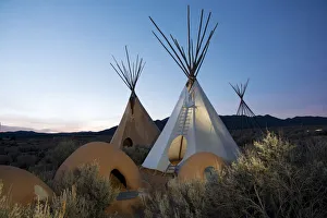 Teepees (tipis) on display at dusk in Taos, New Mexico, United States of America