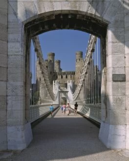 Telford Suspension Bridge, opened in 1826, leading to Conwy Castle, UNESCO World Heritage Site