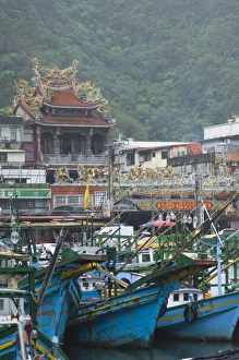 Nanfang Ao Prints: Temple, boats in harbour port